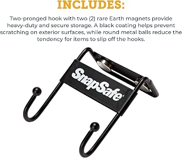 SnapSafe Magnetic Safe Hook 75911 - Two-Pronged Hook Design with Non-Scratch Coating and Heavy Duty Magnets Rated for 35 Pounds to Securely Organize Your Gear, Gun Case, Binoculars, Range Bags, More