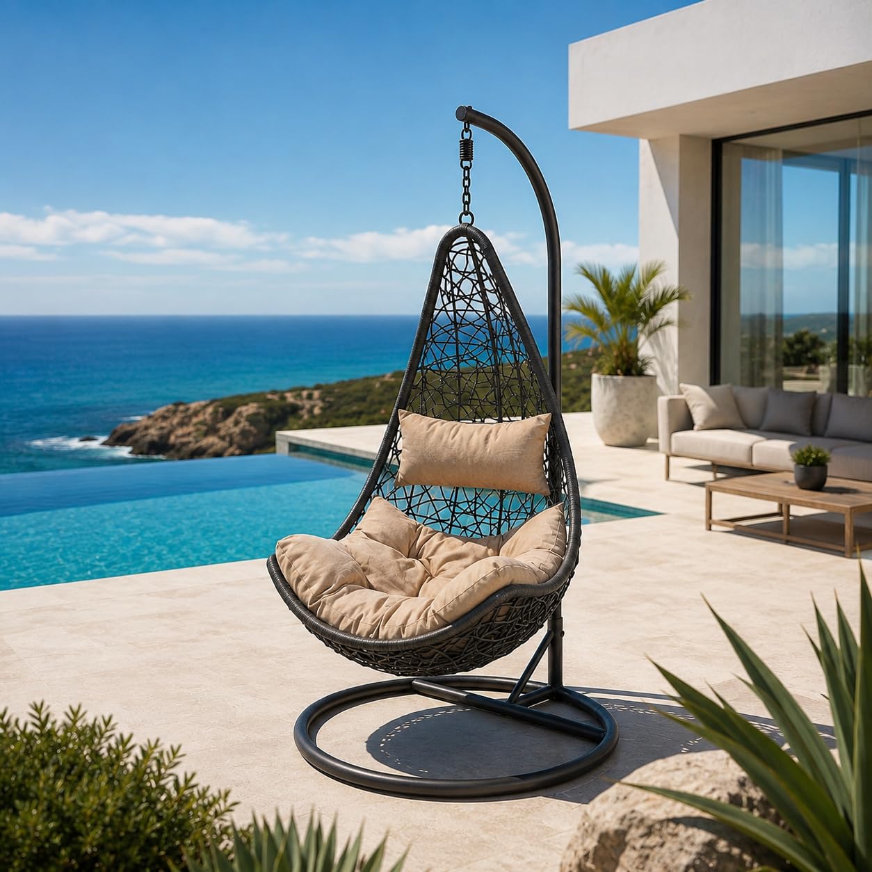 Poltrona Sospesa Da Giardino Con Struttura Autoportante In Metallo Seduta In Polyrattan E Cuscino Con Poggiatesta Beige Arredo Outdoor Terrazza Balcone E Veranda 105 x 195 Cm Nero
