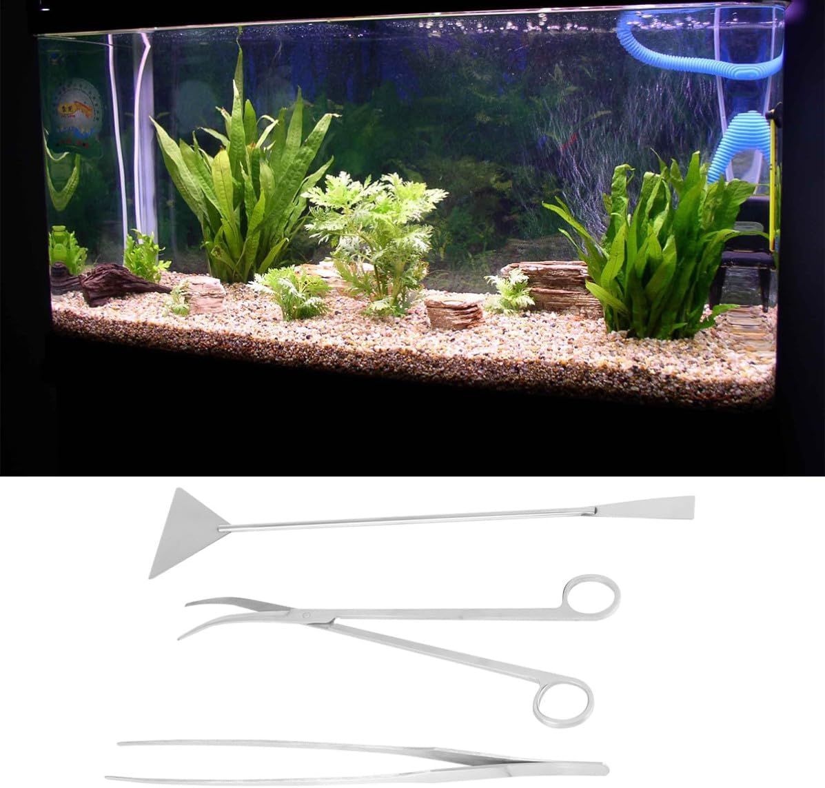 3 Pcs Aquarium Cleaning Tool Set for Fish Tank, Stainless Steel | Curved Scissor, Straight Tweezers and Flat Shovel, Storage Bag Included, Silver Finish for Freshwater Shop Use