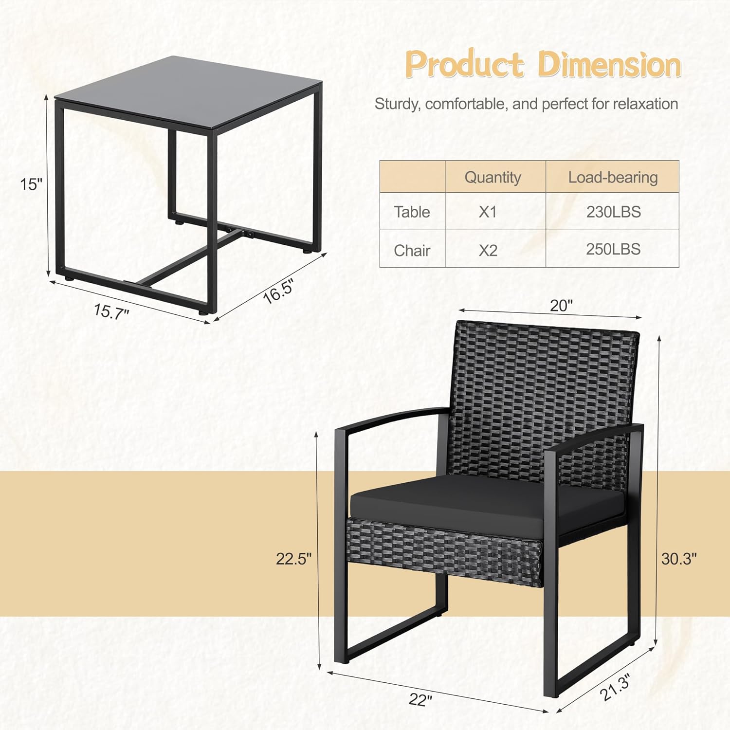 Greesum 3 Piece Wicker Conversation Bistro Sets Outdoor Patio Set Modern Rattan Chair Furniture Sets with Coffee Table for Yard Garden Porch Lawn (Black)