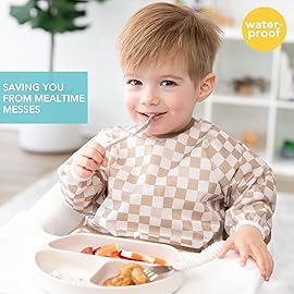 Bumkins Sleeved Bib for Girl or Boy, Baby and Toddler for 6-24 Mos, Essential Must Have for Eating, Feeding, Baby Led Weaning Supplies, Long Sleeve Mess Saving Food Catcher, Soft Fabric, Beige Check