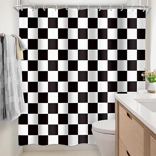 Miniatura 4 de Cortina de ducha a cuadros de 72 pulgadas de ancho x 72 pulgadas de largo, cortinas de ducha negras y blancas para baño, bonita cortina de ducha