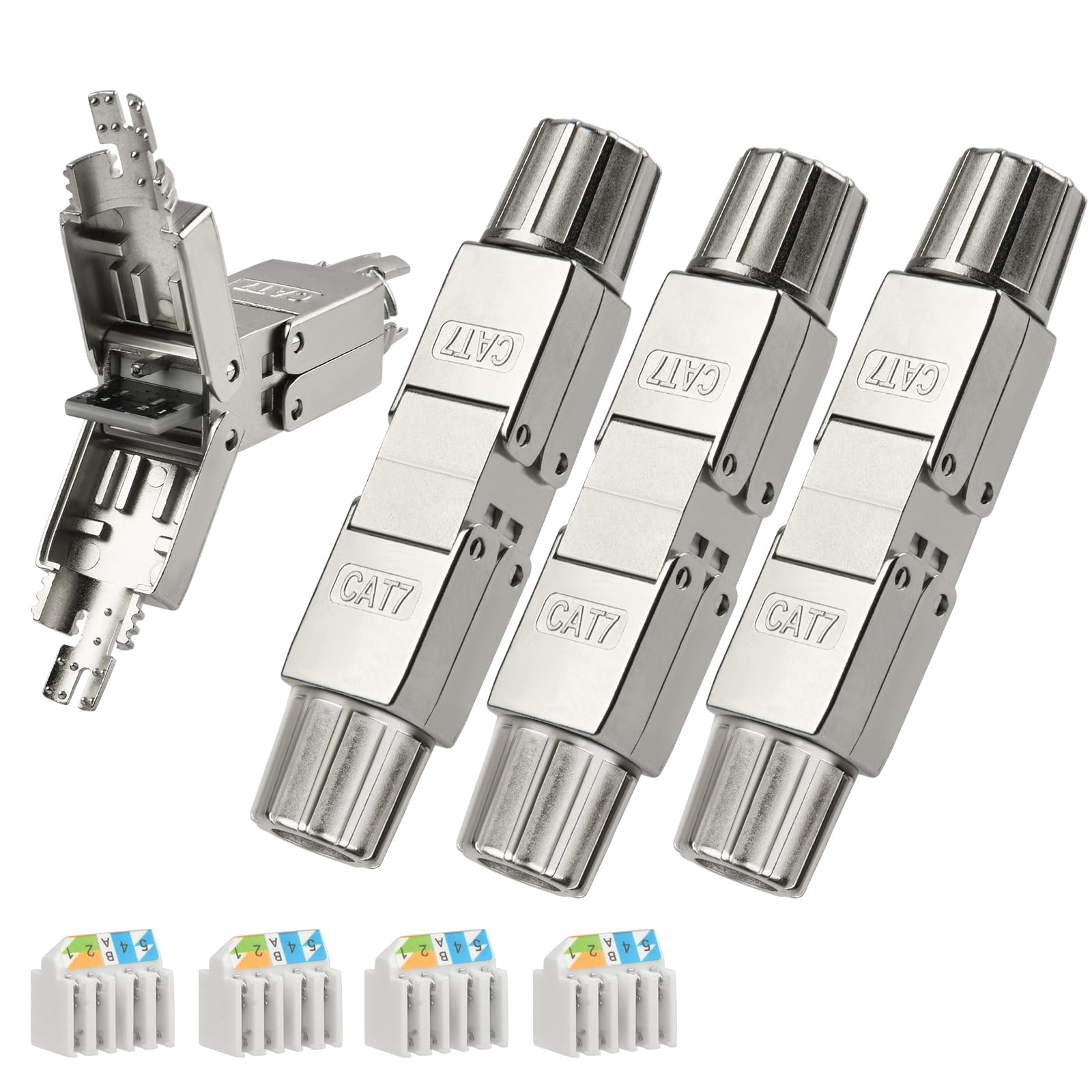 AXFEE 4-pak złączy RJ45, moduł przyłączeniowy łącznika Cat7, złącze Ethernet 8P8C, ekranowany przedłużacz sieciowy, adapter złącza LSA, modułowe złącze wtykowe do kabla Ethernet