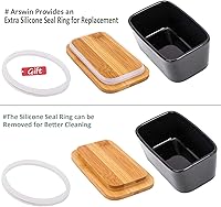 Vista 5 de Mantequillera con tapa y cuchillo, recipiente de cerámica para mantequilla con tapa de bambú para encimera, platos de mantequilla más grandes