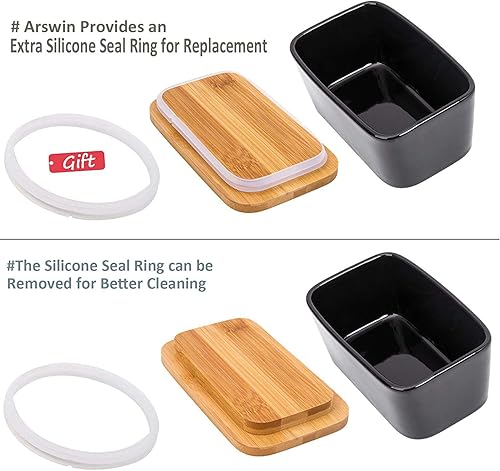 Miniatura 5 de Mantequillera con tapa y cuchillo, recipiente de cerámica para mantequilla con tapa de bambú para encimera, platos de mantequilla más grandes con