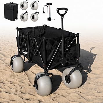 Beach Wagon with 13 Balloon Wheel, 260L Large Capacity, Compact Folding Design, Collapsible Cart with Big Wheels for Sand, Pump Included