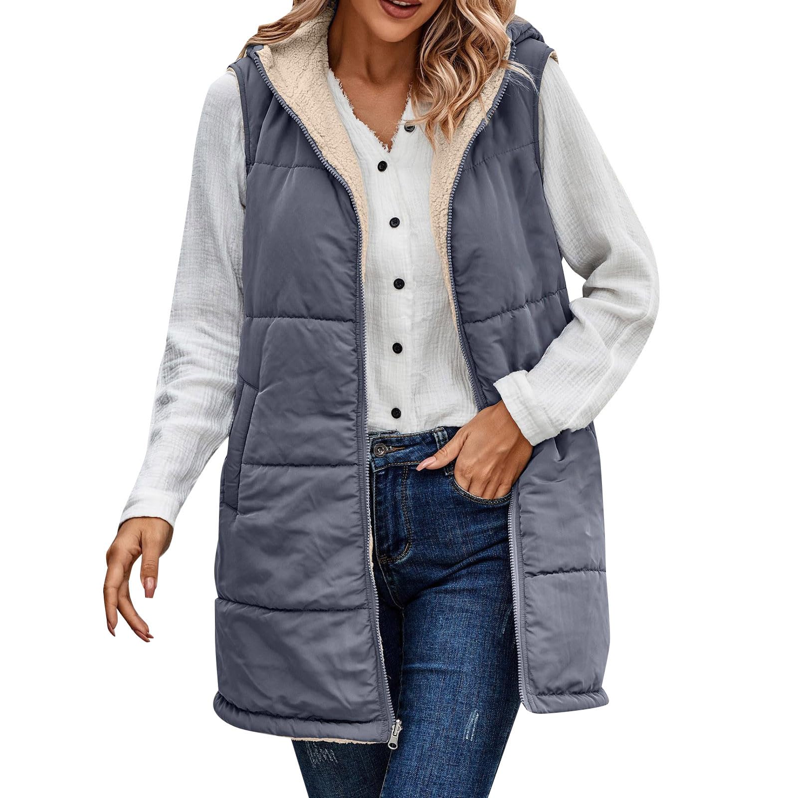 Generisch Steppweste Damen Lang Leichte Ärmellose Puffer Weste mit Kapuze Winter Warme Outdoor Daunenweste Übergangsweste Oversize Reißverschluss Winterjacke Lange Gilet Für Mädchen Elegant
