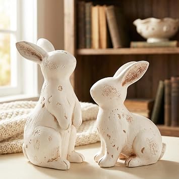 Vintage Easter Bunny Decor, Set of 2 Distressed White Resin Rabbit Figurines - Rustic Farmhouse Spring Decorations for Home, Mantel, Tabletop, Shelf, Tiered Tray, Gift Idea