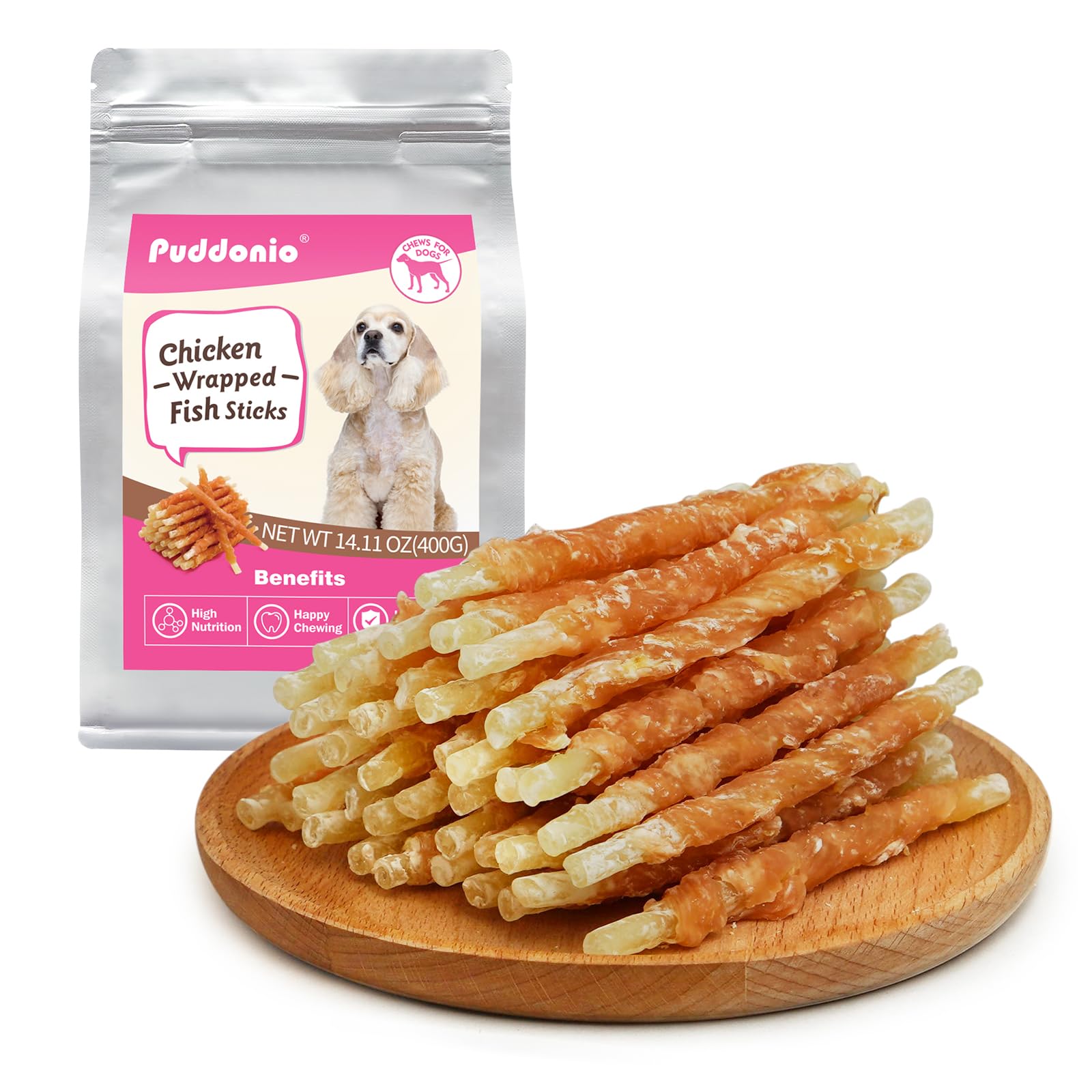 Puddonio Dog Treats, Chicken Wrapped Cod Sticks, Rawhide Free Dog Chews, Healthy Soft Treats for Small Dogs, 14.11 oz