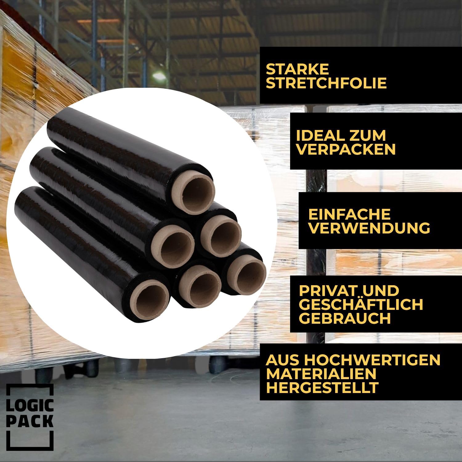 Stretchfolie Schwarz 50cm x 160m (1,5kg) - Blickdichte Handstretchfolie, Wickelfolie für Versand & Umzug, Reißfeste Palettenfolie - 23my Schutzfolie, 3 Rollen