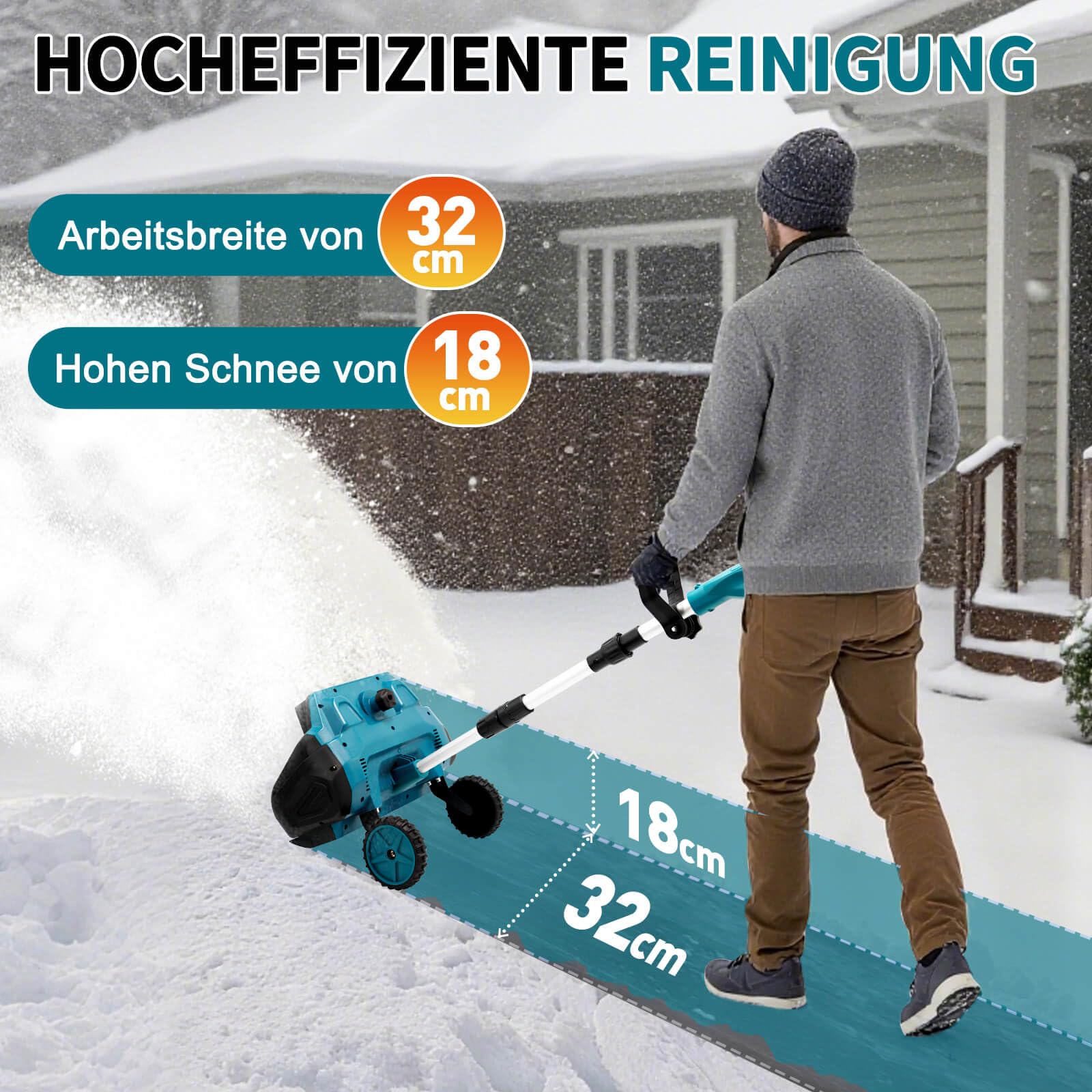 Akku Schneefräse für Makita Akku 18V,1000W Elektrische Schneefräse mit Rollen, Arbeitsbreite 32 cm, max.Schneehöhe 18 cm,Wurfweite 6m,30° Einstellbar (Blau Ohne Batterie)