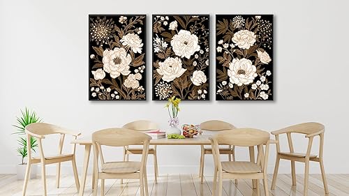 Miniatura 4 de Arte de pared grande con diseño de flores enmarcadas, flores blancas, hojas marrones, 16 x 24 pulgadas, juego de 3 impresiones florales rústicas