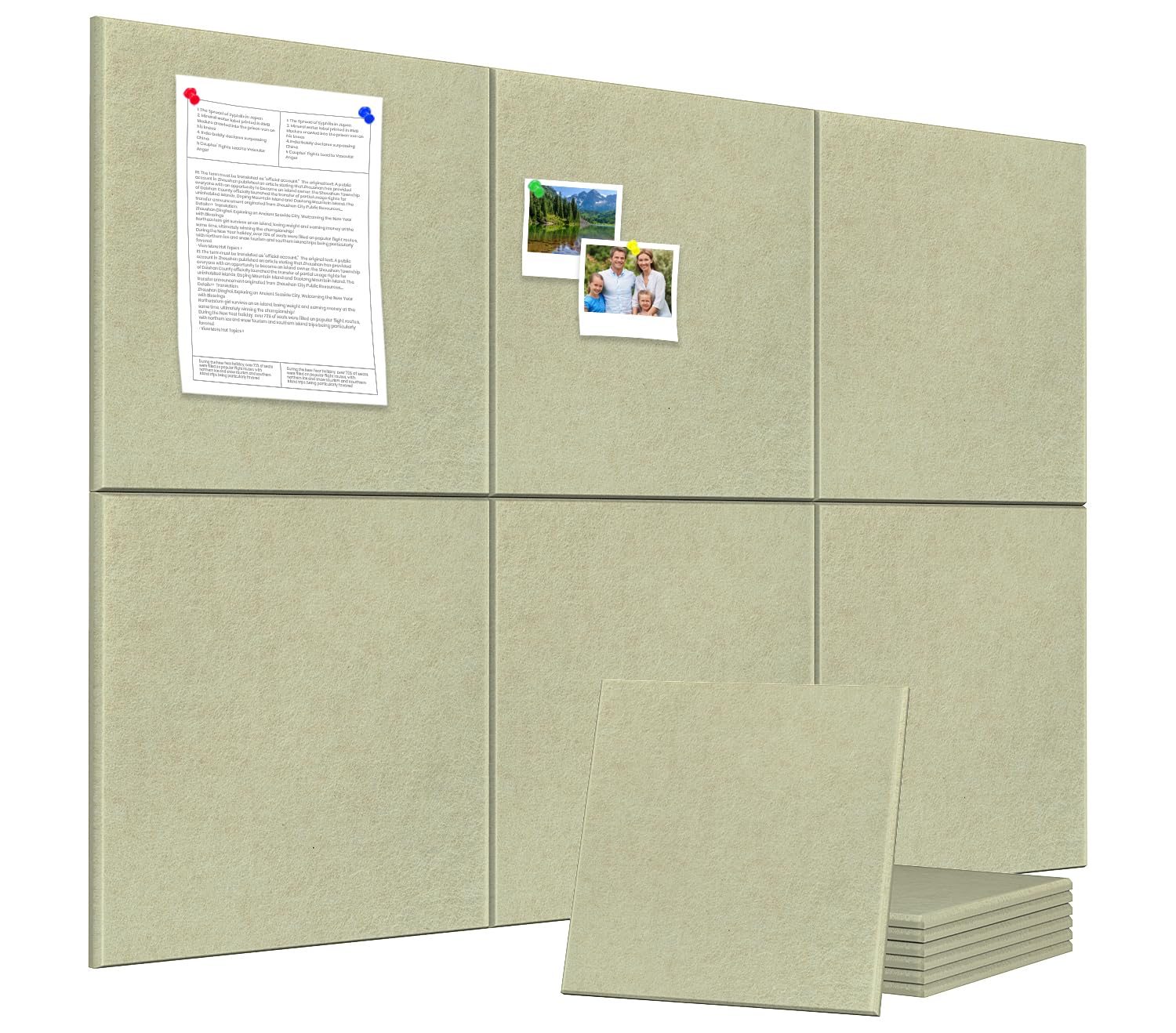 Cork Board Alternative 90 x 60 cm Notice Pin Board Bulletin Board for Home Office Kitchen Photos Memos - 6 Pack Removable Felt Wall Tiles with 20 pushpins - Sage