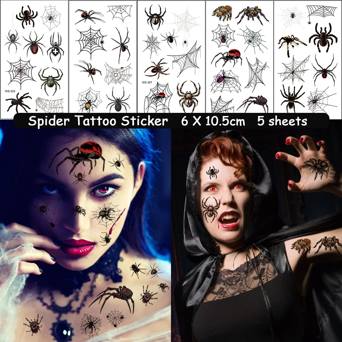Tatuaggi Temporanei Ragno E Ragnatela Per Halloween - 10 Fogli - Adesivi Viso 3D Impermeabili Per Festa In Maschera E Carnevale