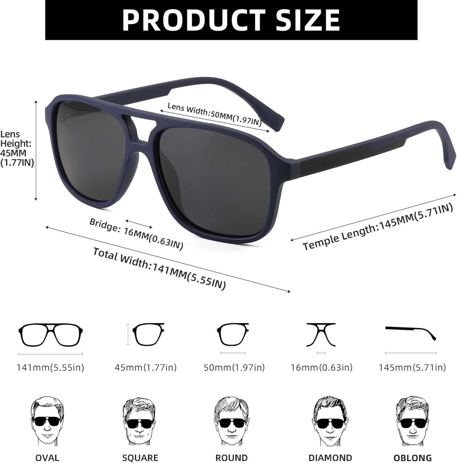 JIM HALO Polarized Aviator Sunglasses Men Women Vintage Square Driving Glasses (Matte Blue Frame/Polarized Grey Lens) - Image 6