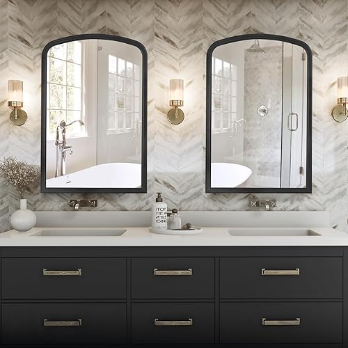 Miniatura 3 de HOMECOOKIN Espejo arqueado de madera para baño, 20 x 30 pulgadas, espejo de pared arqueado rústico de granja, espejo de tocador con marco de madera