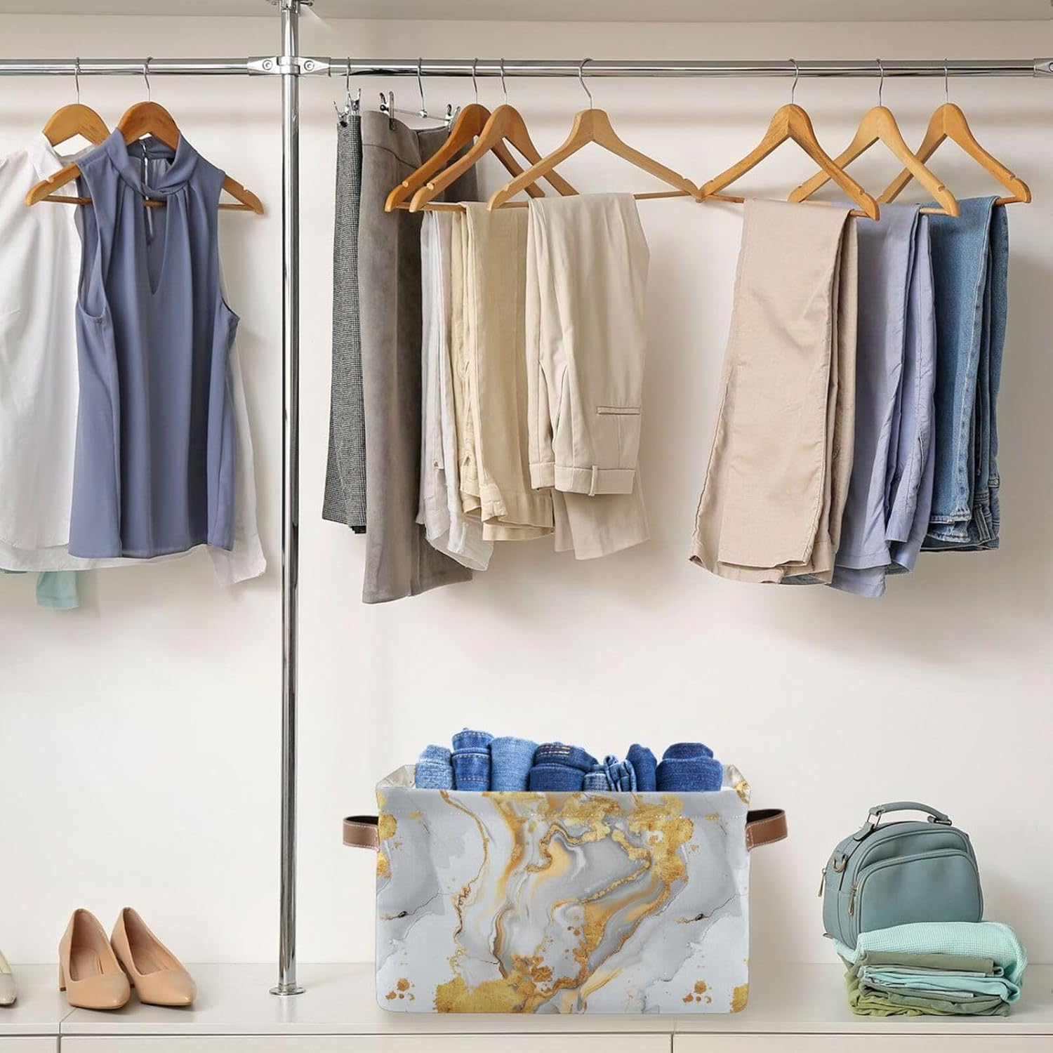 ALAZA Decorative Basket Rectangular Storage Bin, White Gold Marble Organizer Basket with Leather Handles for Home Office