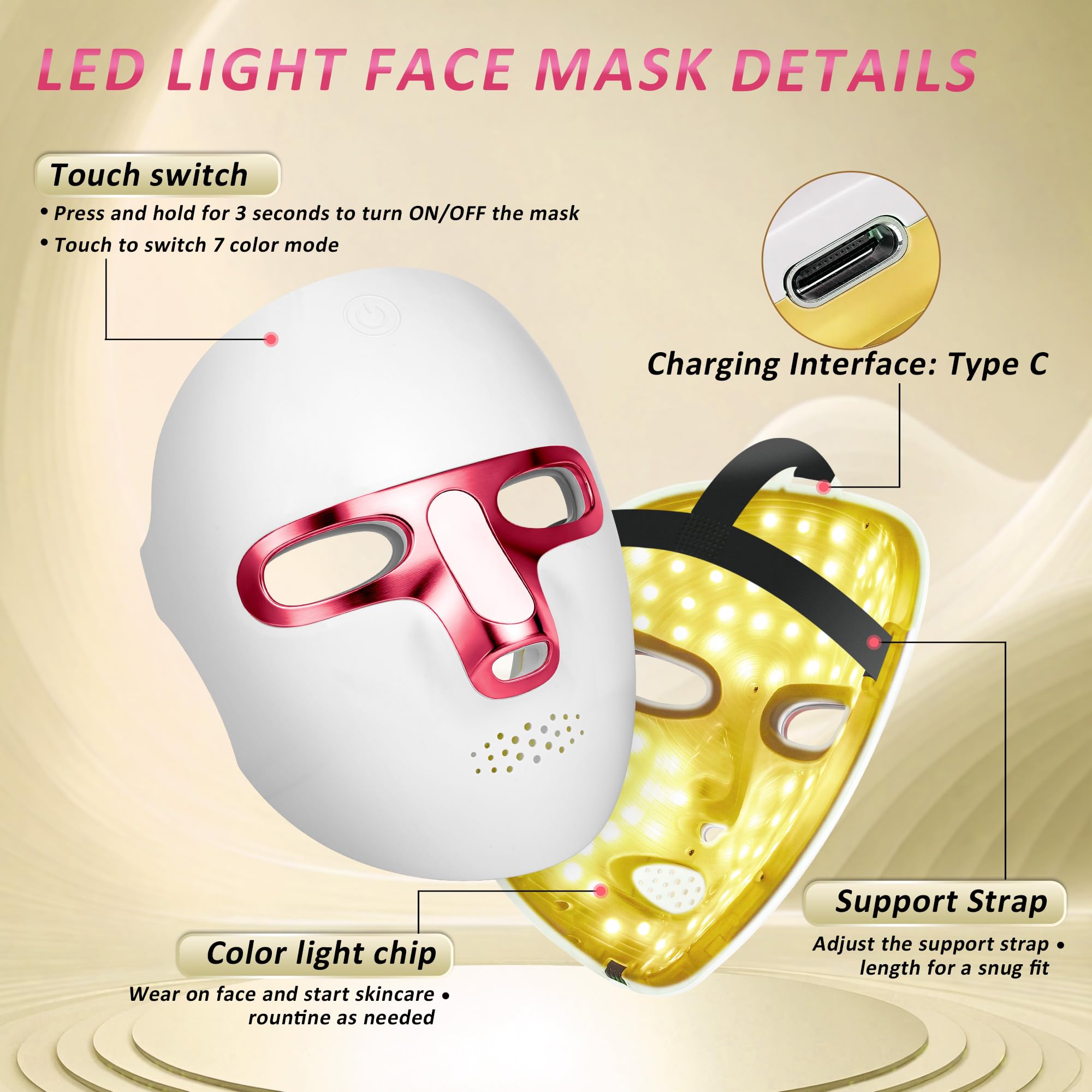 7 Colors Red Light Therapy for Face, LED Facial Mask, Rechargeable