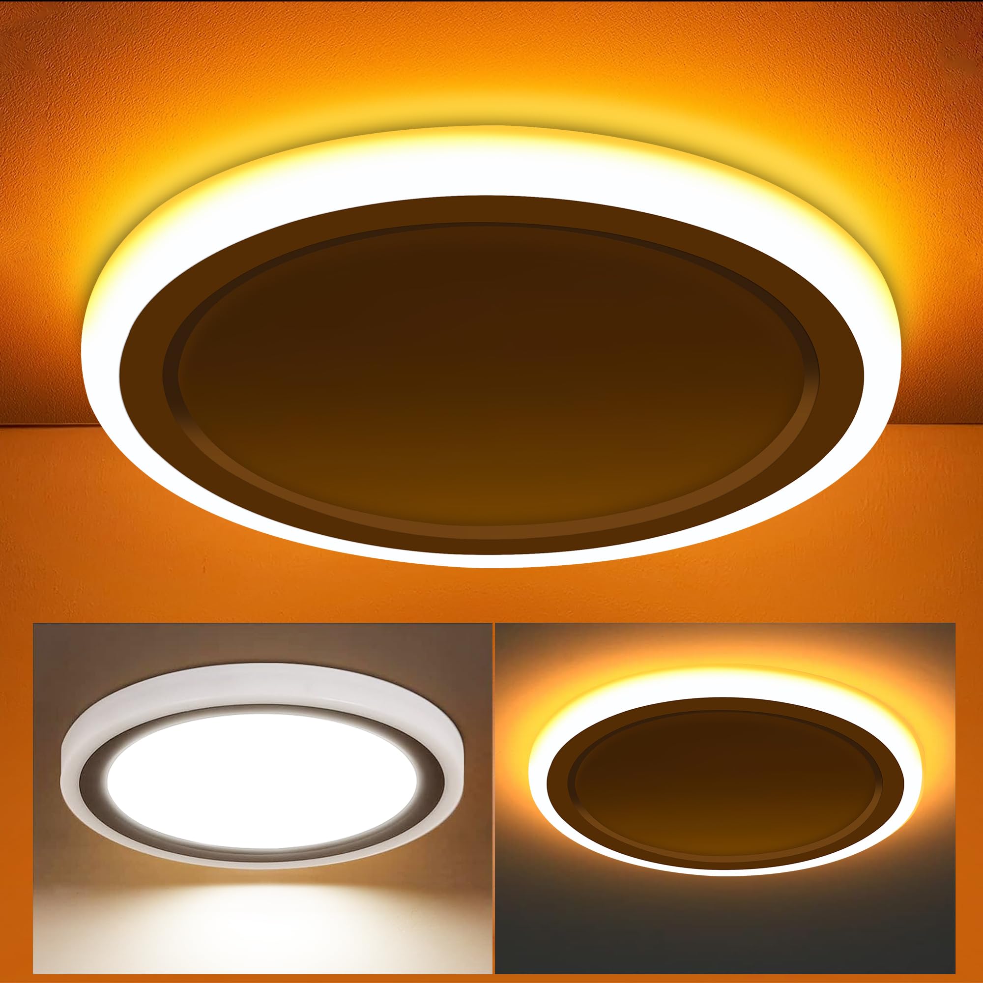 Hlite13 Inch LED Flush Mount Ceiling Light Fixture with Night Light, 24W, 2600lm,3/4/5K 3CCT, Dimmable Flat Round LED Ceiling Light,Modern Ceiling Light for Bedroom, Kitchen Black(1Pack)