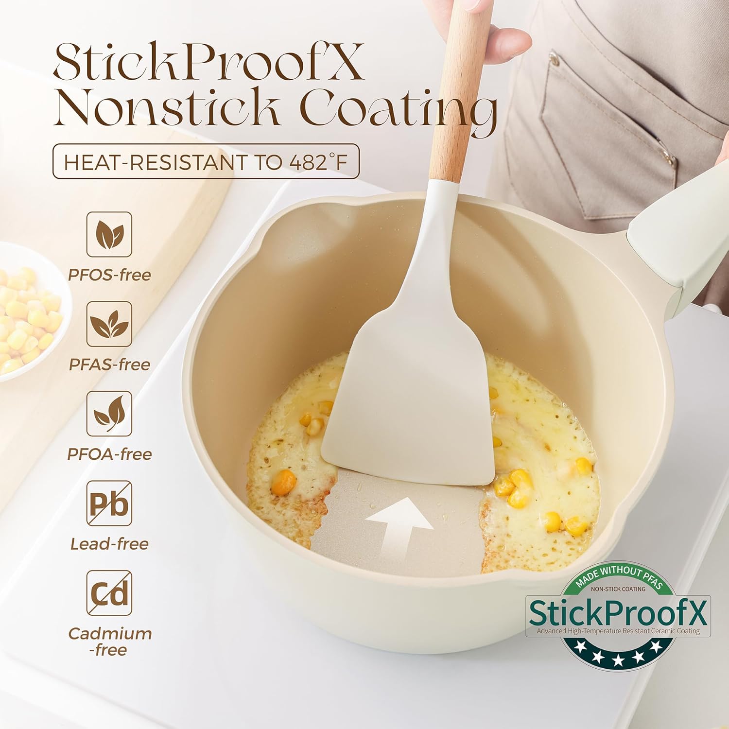 PRICUSIS Ceramic Nonstick Saucepan with Lid, 2 Quart Non Toxic Pot with Pour Spouts, Full Coated, 100% Dishwasher Safe, Induction Compatible & Oven Safe, PTFE PFAS & PFOA Free, Coconut White - Image 2