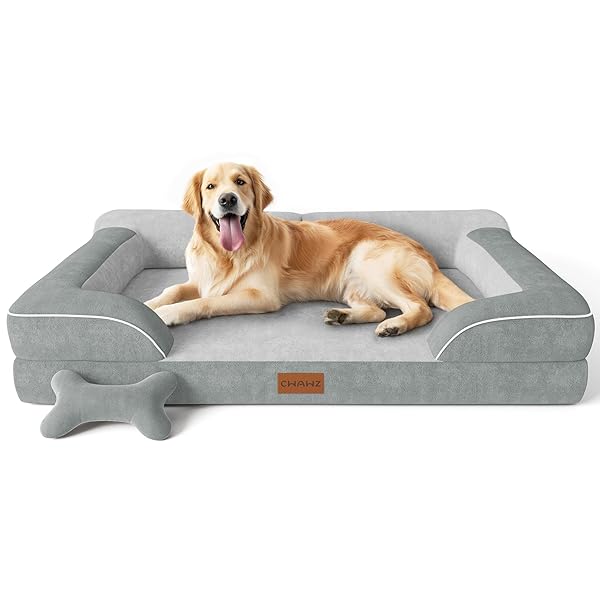 Extra Large Dog Bed, Orthopedic Dog Bed with Cooling Gel Memory Foam, Waterproof XL Pet Bed with Removable Washable Cover, 42" Pet Sofa Couch Dutch Velvet with Bone Toy, Light Gray