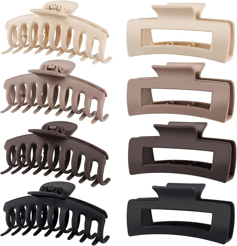 Large Hair Claw Clips for Women Girls, 8PK Neutral Matte Jumbo Square Hair Clips for Thick, Thin, Long, Short, Curly Hair, Big Jaw Clip Set for Daily Use