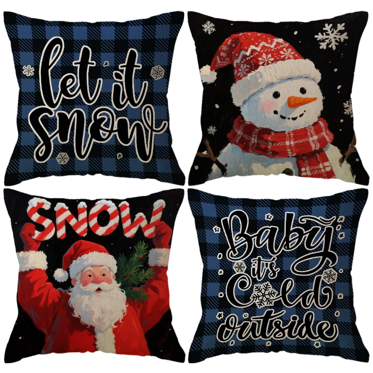 4pack Winter Snow Throw Pillow Case Buffalo Check Plaid with Snowman Santa Cushion Covers Christmas Winter Holiday Farmhouse