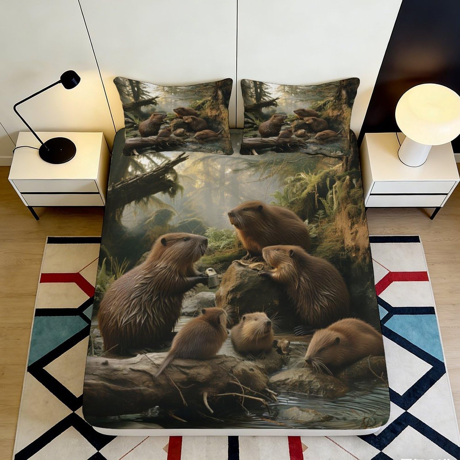3D Printed Beaver Animal Fitted Sheet Microfiber Soft Durable Forest Scene Bed Cover for Bedroom Dormitory Guest Room Mattress Protection 120x200x25cm