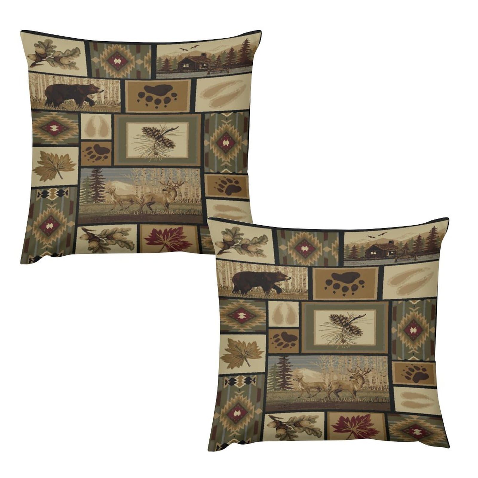 LOMADIA Retro Farmhouse Pillow Case Sets,Ployester Sofa Throw Pillow Cover Set of 2,Vintage Rustic Cottage Bear Deer Moose Country Style Pattern