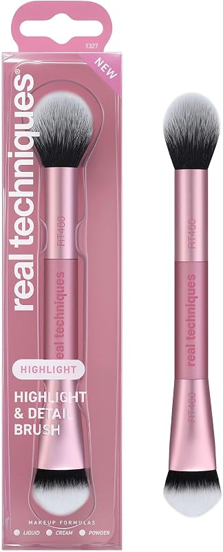 Highlight & Detail Brush, Precision Highlighter Brush | Dual-density highlighter and contour makeup brush for liquid, cream and powder formula, synthetic bristles, vegan