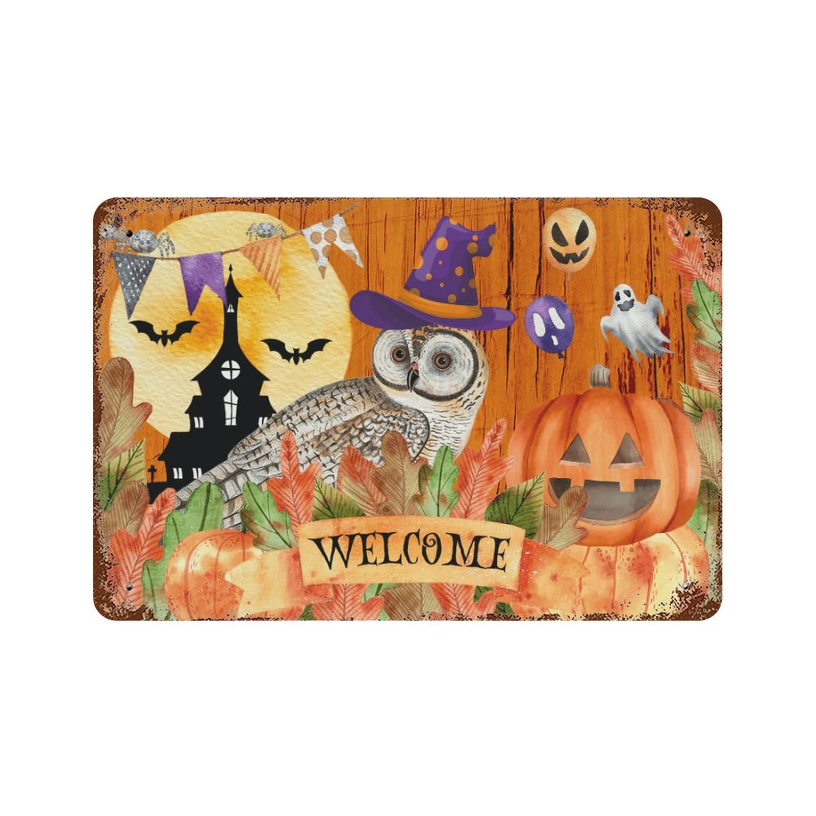 Cadeau propriétaire maison panneau étain Halloween avec citrouilles et hibou