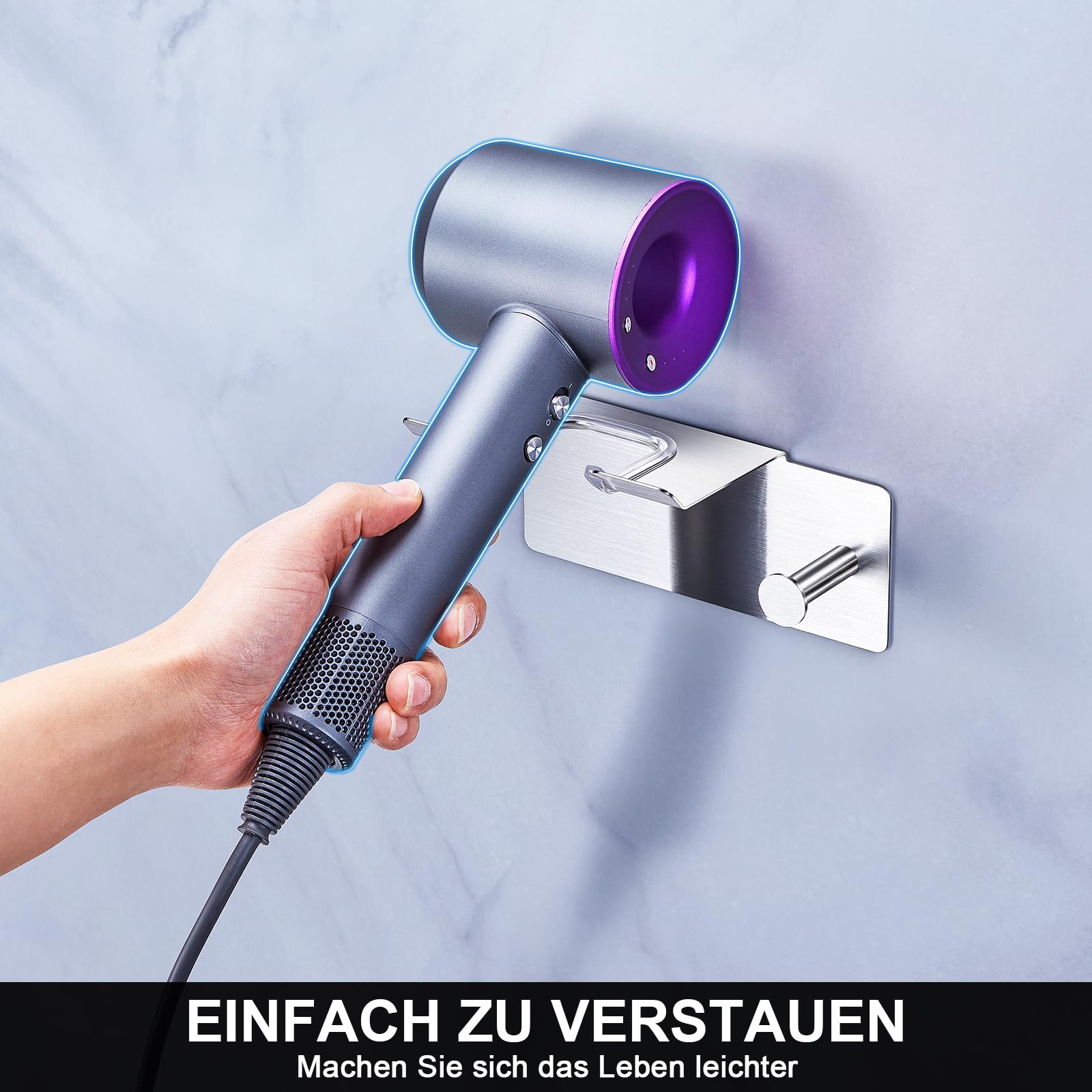 Soporte de Pared para secador de Pelo sin taladrar, Almacenamiento para secador de Pelo, Soporte para secador de Pelo para baño, Soporte Autoadhesivo para secador de Pelo, Plateado