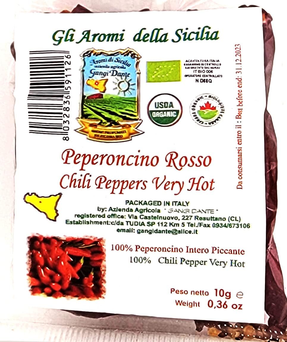 Very Hot Dried Organic Chili Peppers From Scicily. Gli Aromi della Sicilia - 4 PackUSDA OrganicEU Organic