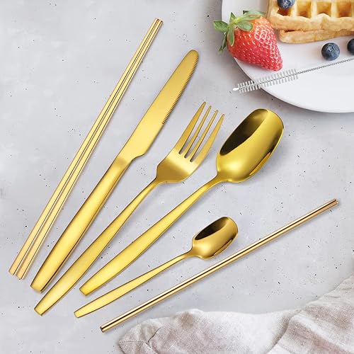 Miniatura 7 de AARAINBOW Juego de cubiertos de viaje de acero inoxidable de 7 piezas, portátil, reutilizable, incluye palillos, cuchillo, tenedor, cuchara,