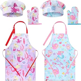 Hercicy 8 Pcs Kids Apron and Chef Hat Set Cute Child Aprons with Pockets Adjustable Strap Hat Oven Mittens for Kitchen(Mermaid)
