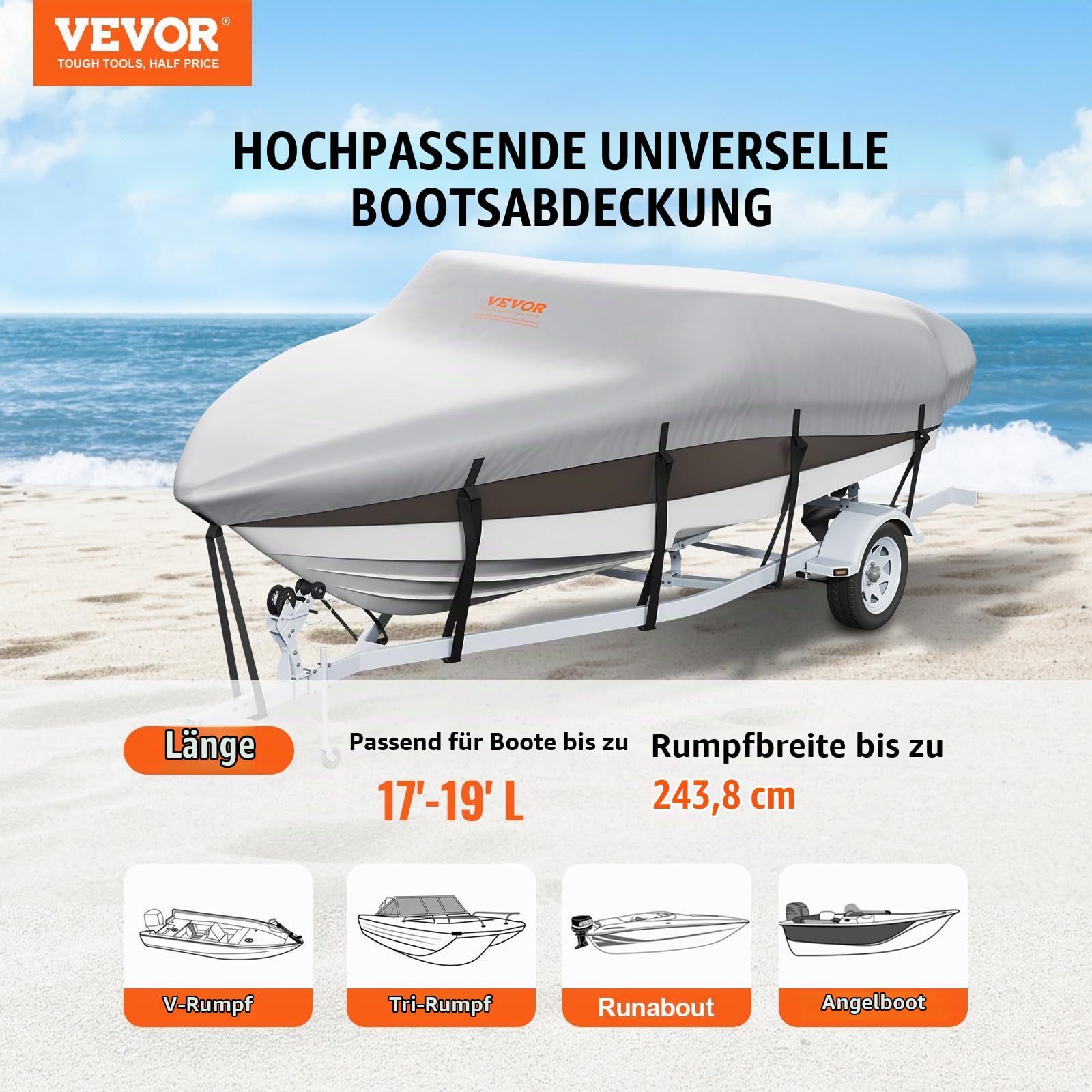 VEVOR Bootspersenning Abdeckplane Bootsplane, 518–579 cm Persenning Schlauchboot 600D Oxford-Gewebe Bootspersenning Abdeckung mit Aufbewahrungstasche 435 x 300 mm, Angelboot Bootsabdeckplane Grau