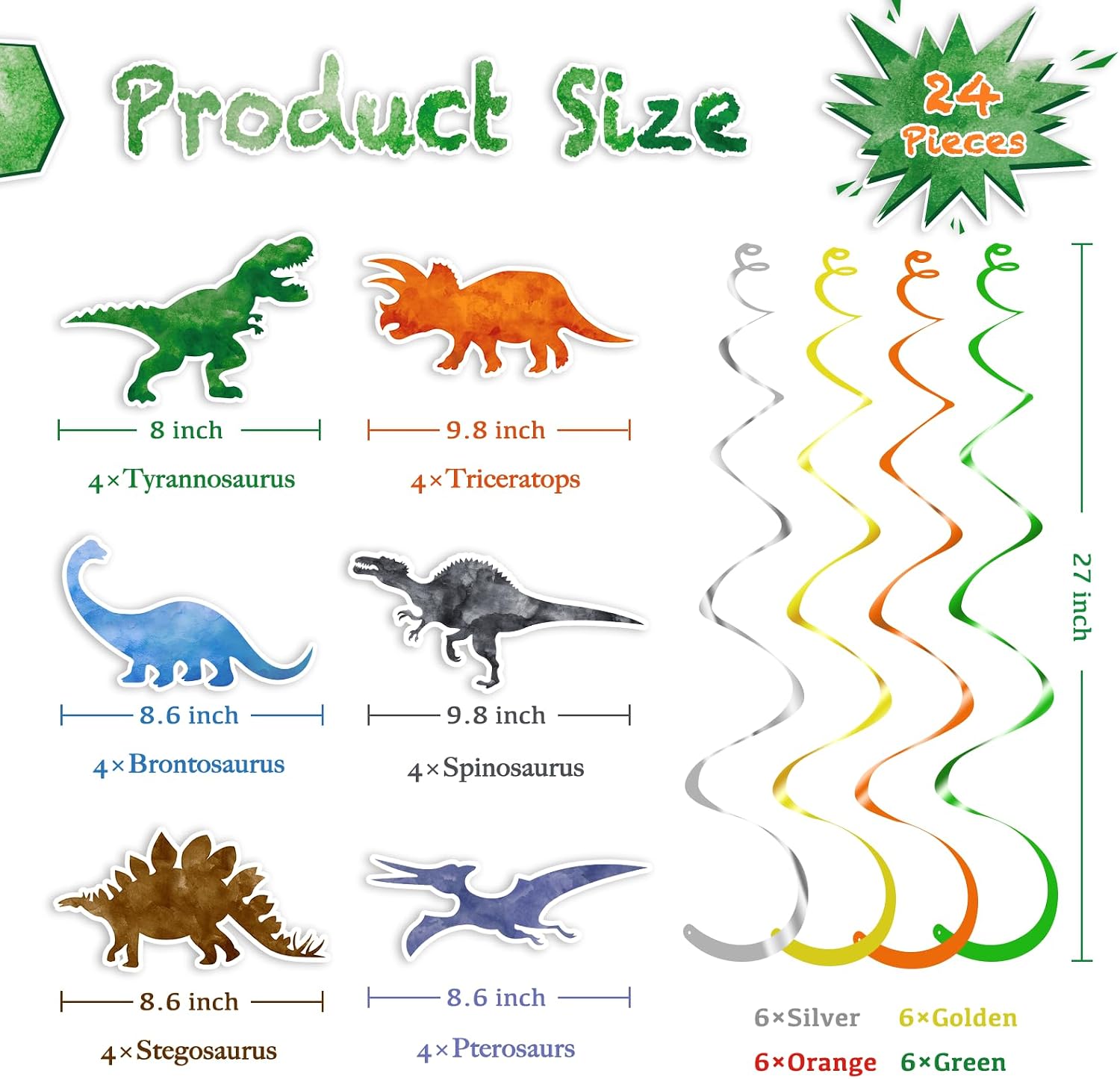 24Pcs Watercolor Dinosaur Hanging Swirls Birthday Decorations for Boys, Effortless Ceiling Decor for Jurassic Theme Party, Room & Baby Shower, Reusable