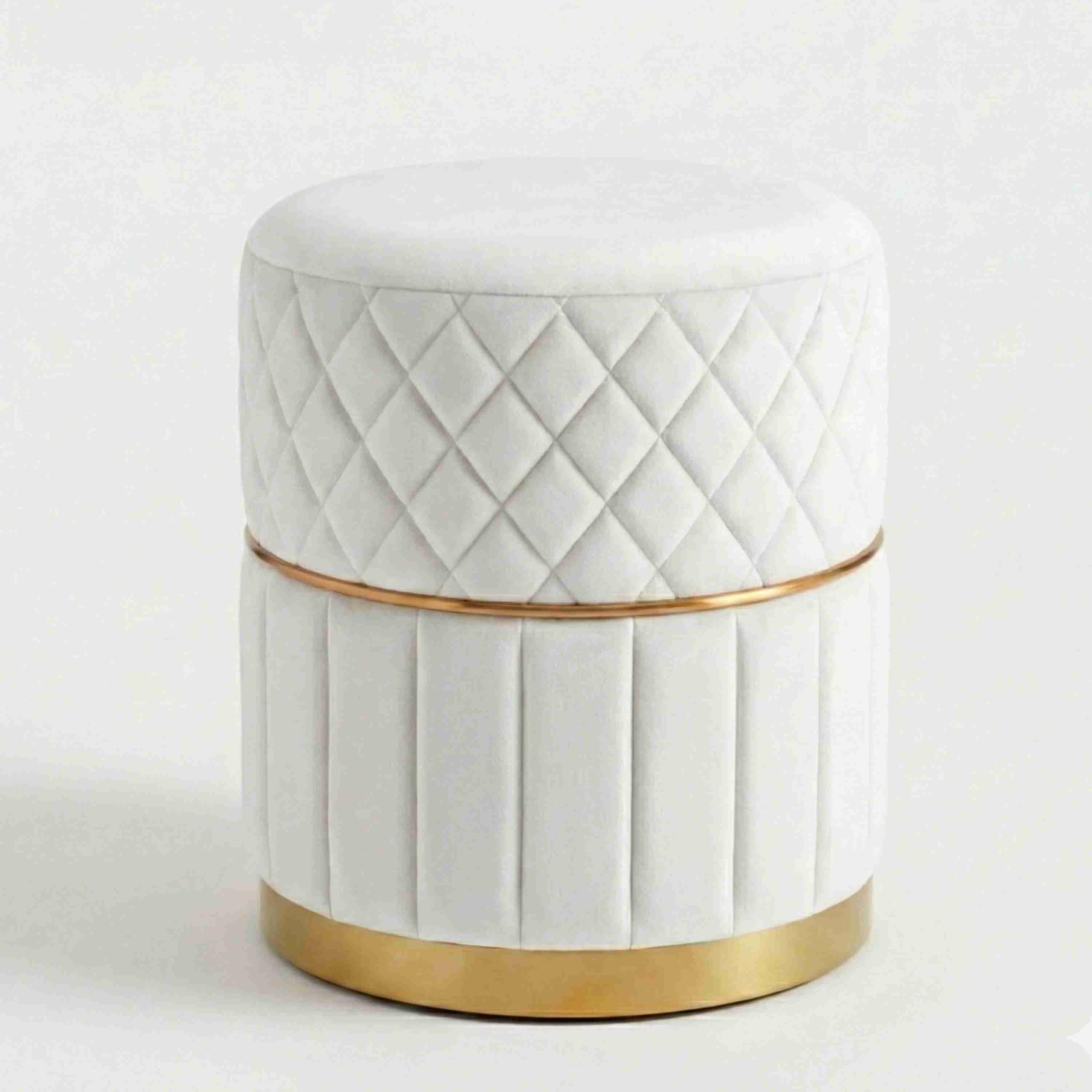 Ottoman Pouffe Stool for Living Room, Bedroom & Dressing are Premium Velvet Soft Compact Padded Foot Rest 12x13 inch Diamond Quilting and Gold Base Stylish & Durable Furniture (White)-image-21