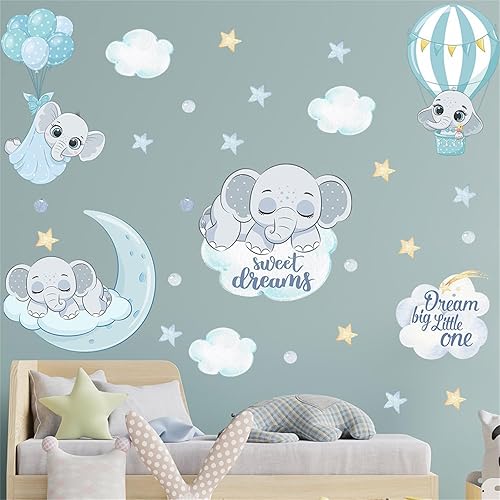 Calcomanías de pared de elefante durmiente en acuarela, calcomanías de pared Sweet Dream Big Little One  Luna globo aerostático estrella, disponible en Yaxa Colombia
