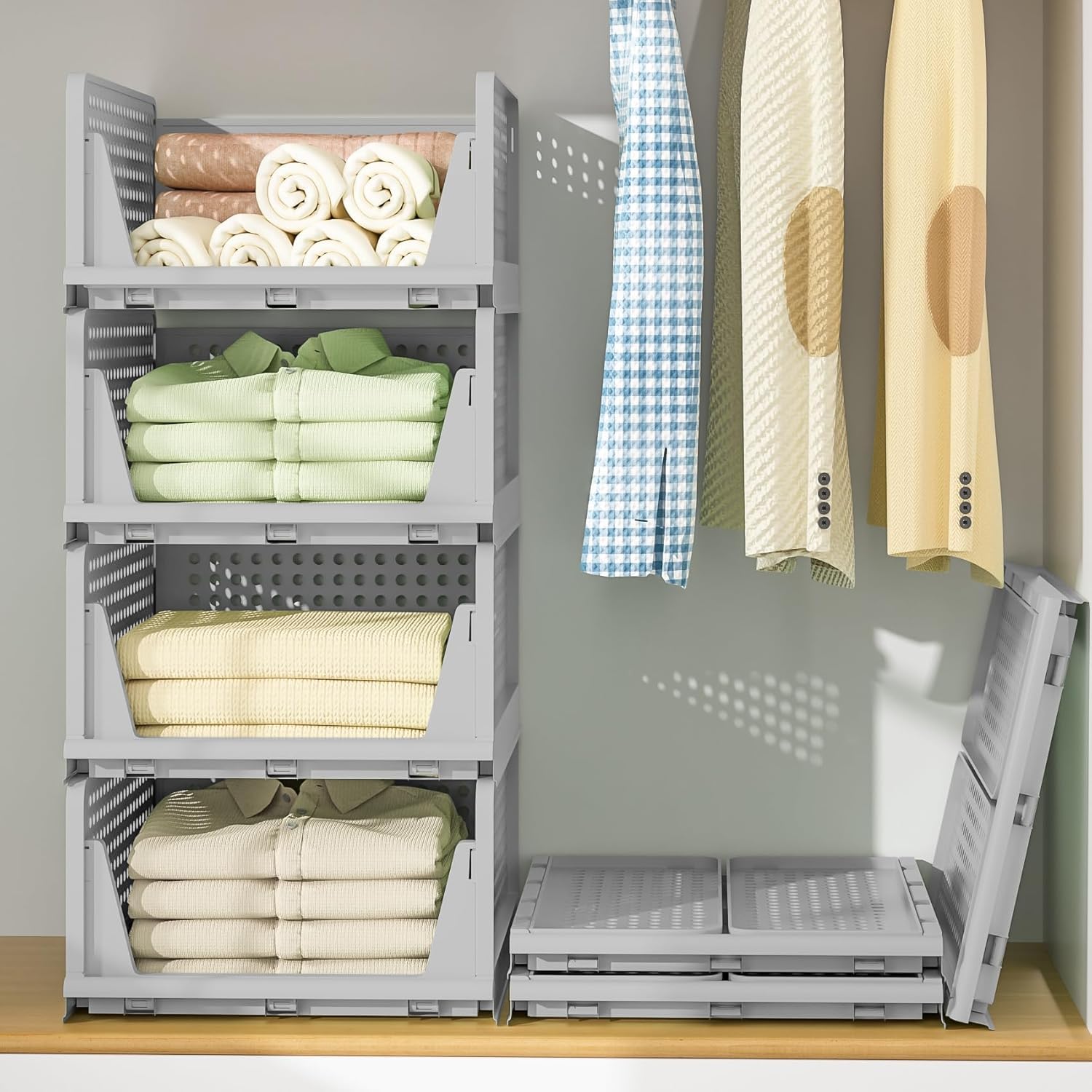 CLAPONE Clothes Organizer for Wardrobe Cupboard Organizer for Clothes Foldable and Stackable Closet Organizer Drawer Organizer for Clothe (Grey, 4 PCS Clothes Organizer) (B0BX3ZGB1L) Amazon Price History, Amazon Price Tracker