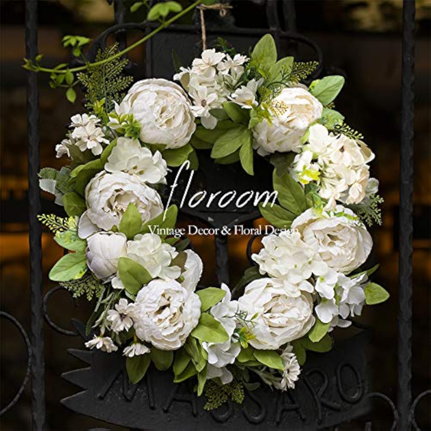Floroom Floral Wreath, Artificial White Peony Wreath, 15"-16" Front Door Decorations Wall Decor
