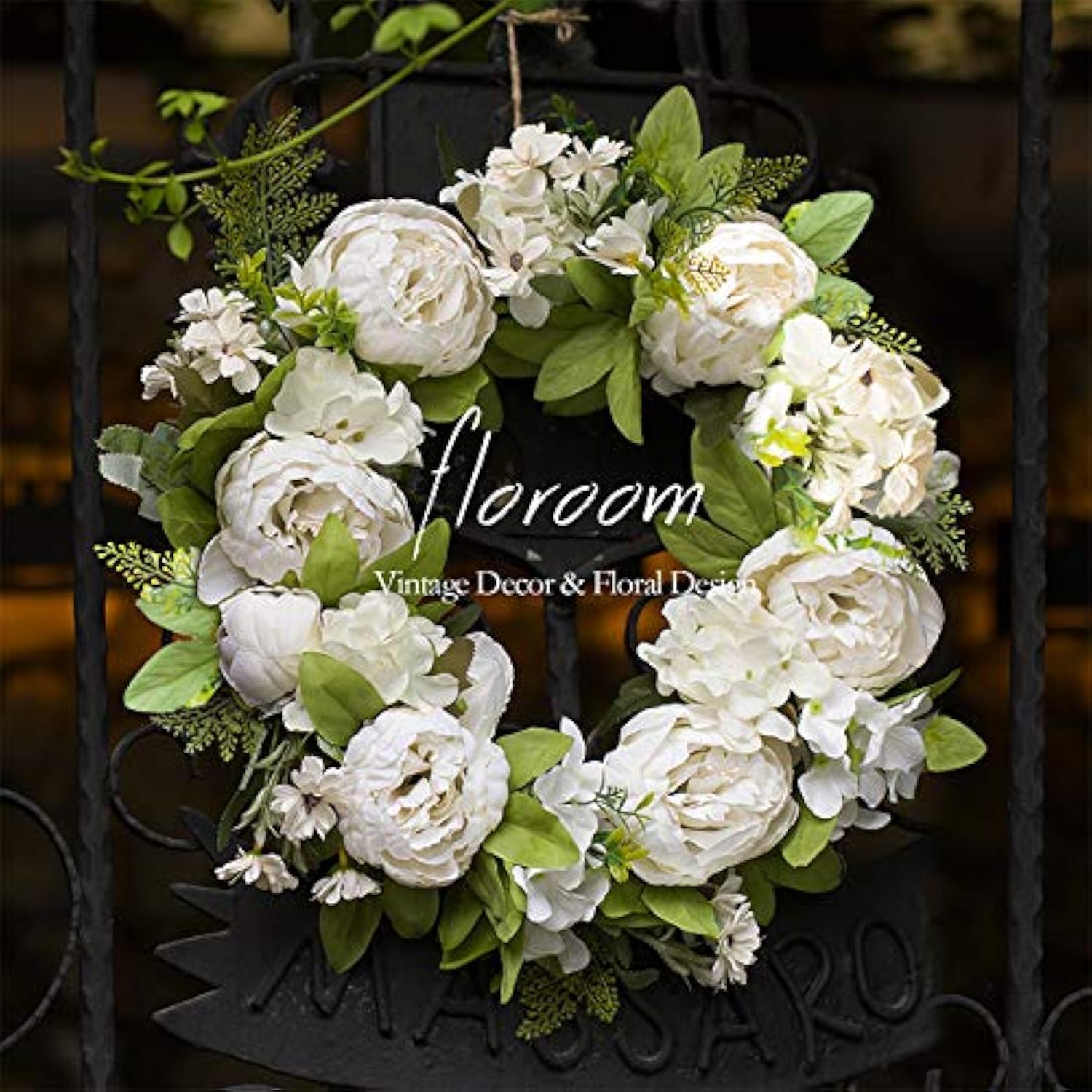 Floroom Floral Wreath, Artificial White Peony Wreath, 15"-16" Front Door Decorations Wall Decor