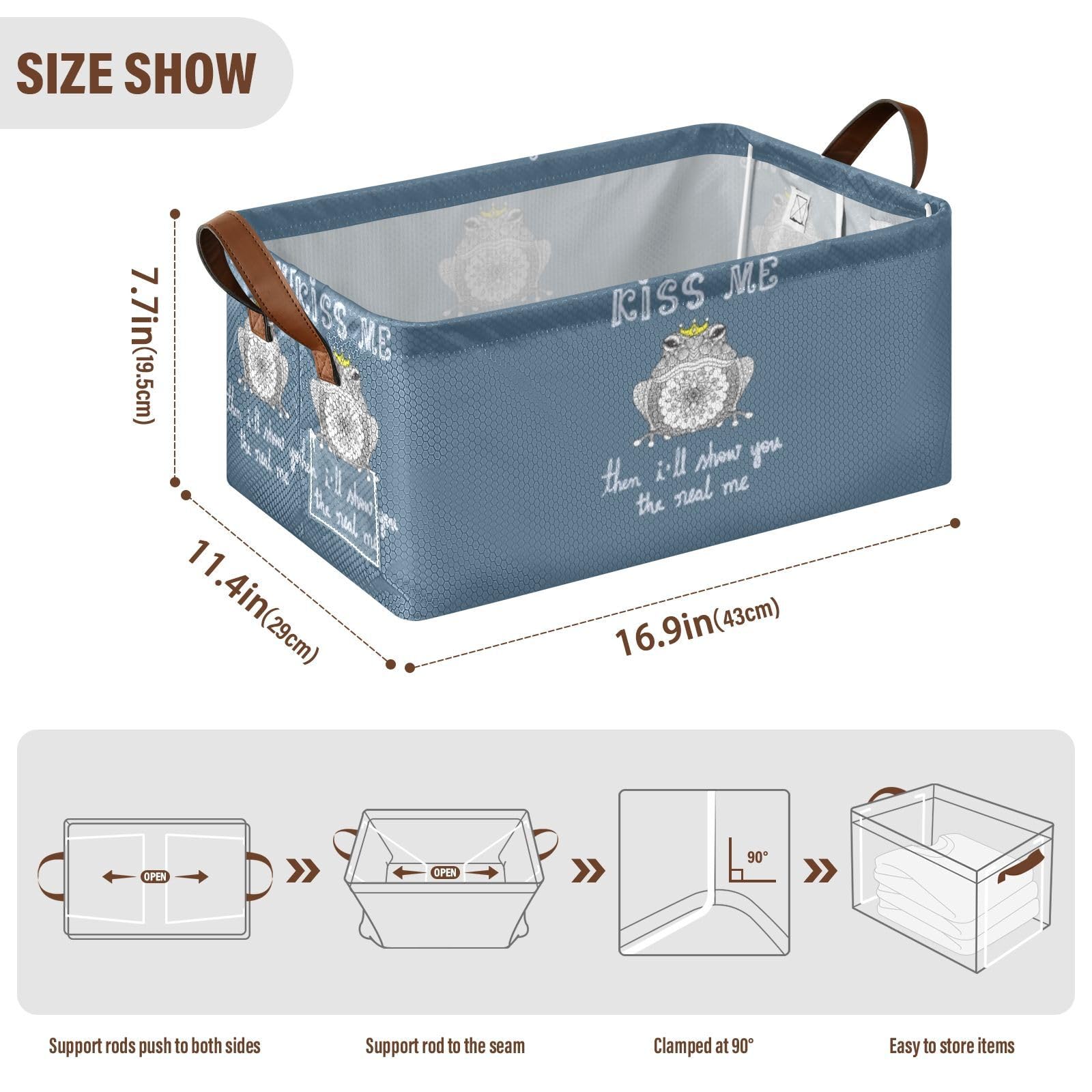 Mandala Art Frog Kiss Me Then I Will Show You The Real Me 1 PC Rectangle Foldable Frame Basket Leather Handles Storage Bin for Laundry Bathroom Organizer 16.9 x 11.4 x 7.7 inch