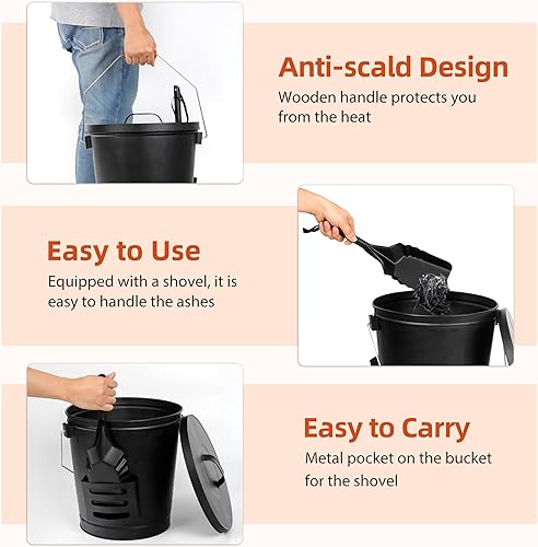 Miniatura 3 de Nouva Cubo de cenizas de 5.15 galones con tapa y pala, cubo de carbón de metal galvanizado para chimenea, hoguera, estufa de leña, parrilla, hogar,