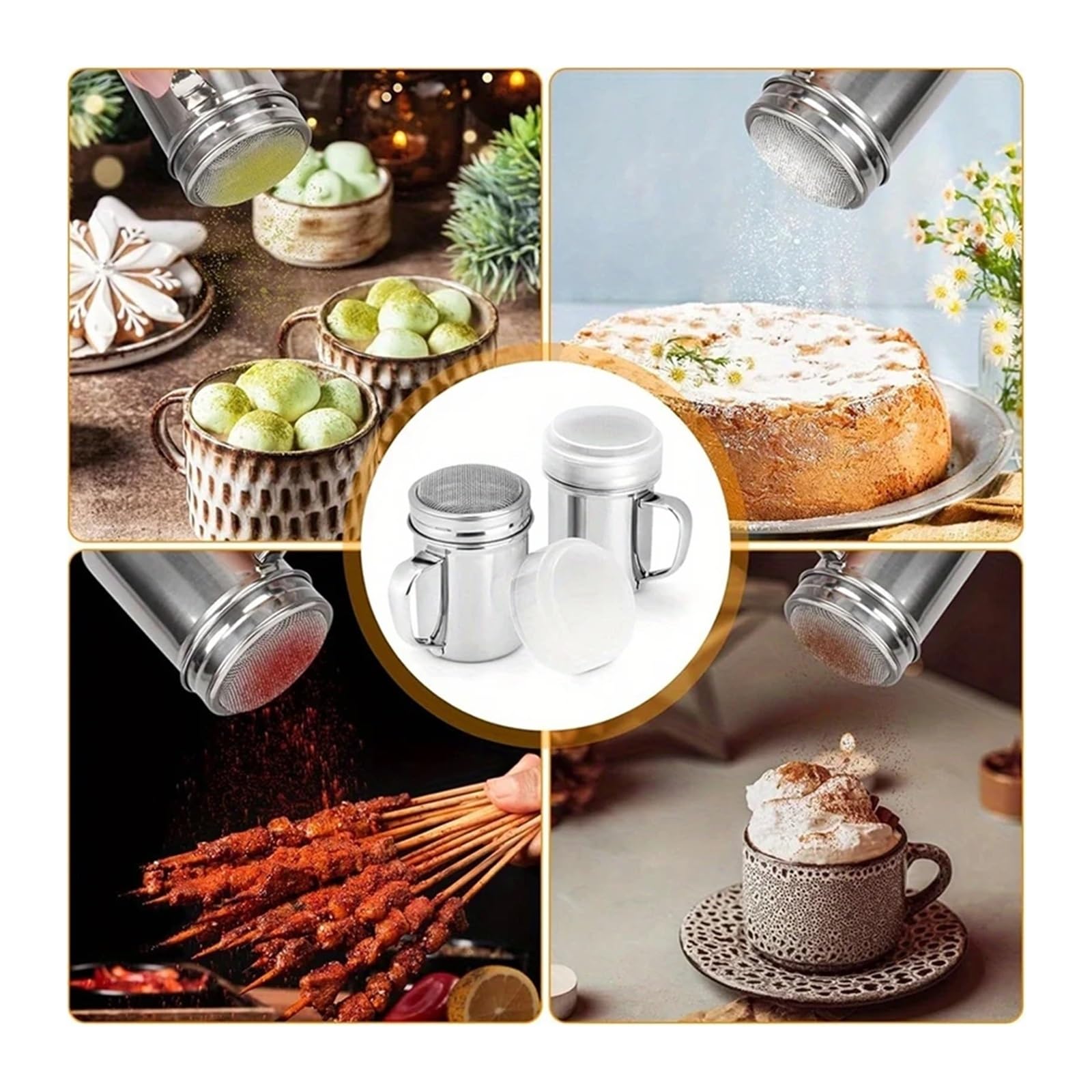 Pulverstreuer 2 Stück Edelstahl-Puderzuckerstreuer mit Griff, Streuer, Pulverdosen Deckel, Gewürz-, Salz- und Pfefferstreuer-Set(2pcs large)