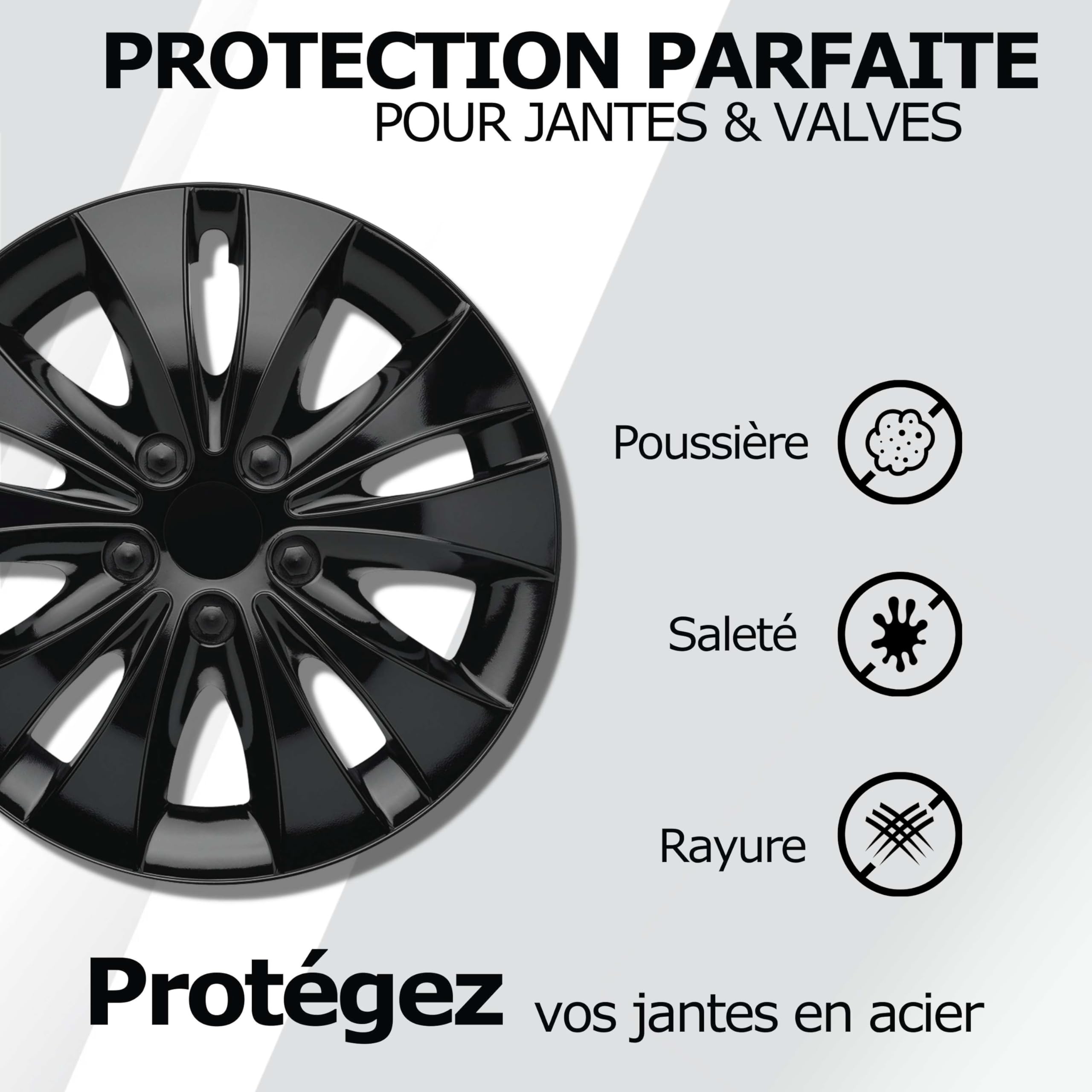 Lot de 4 Enjoliveurs Noirs 15 Pouces – Kuglo Stormer Design, ABS 100% Recyclé, Protection Jante/Valve, Universels