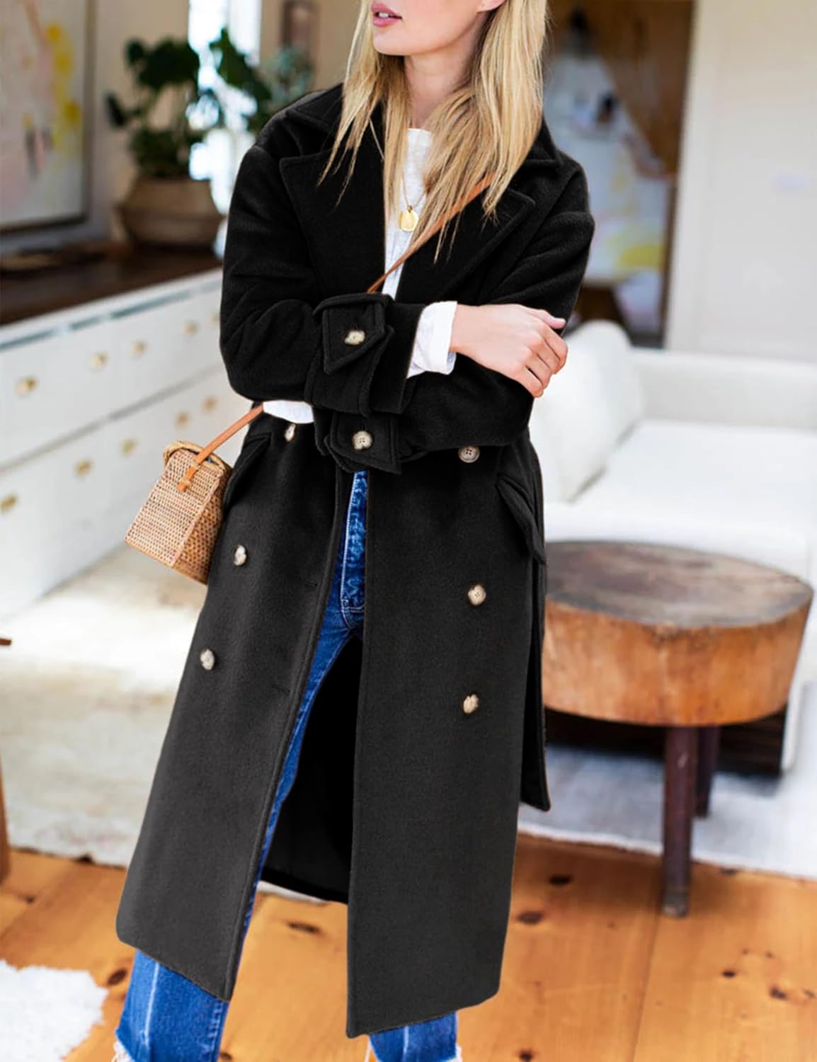 Hooever Women's Long Wool Coat Fall Winter Notched Lapel Double Breasted Trench Coat Peacoat with Belt - Image 4