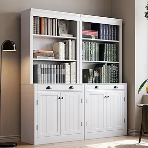 GarveeHome 71" Tall Bookshelf and Bookcase with Drawer, 5-Tier White Bookshelf with Doors, Adjustment Shelf, Wood Bookshelves Storage Cabinets for Home Office, Living Room, White, Set of 2