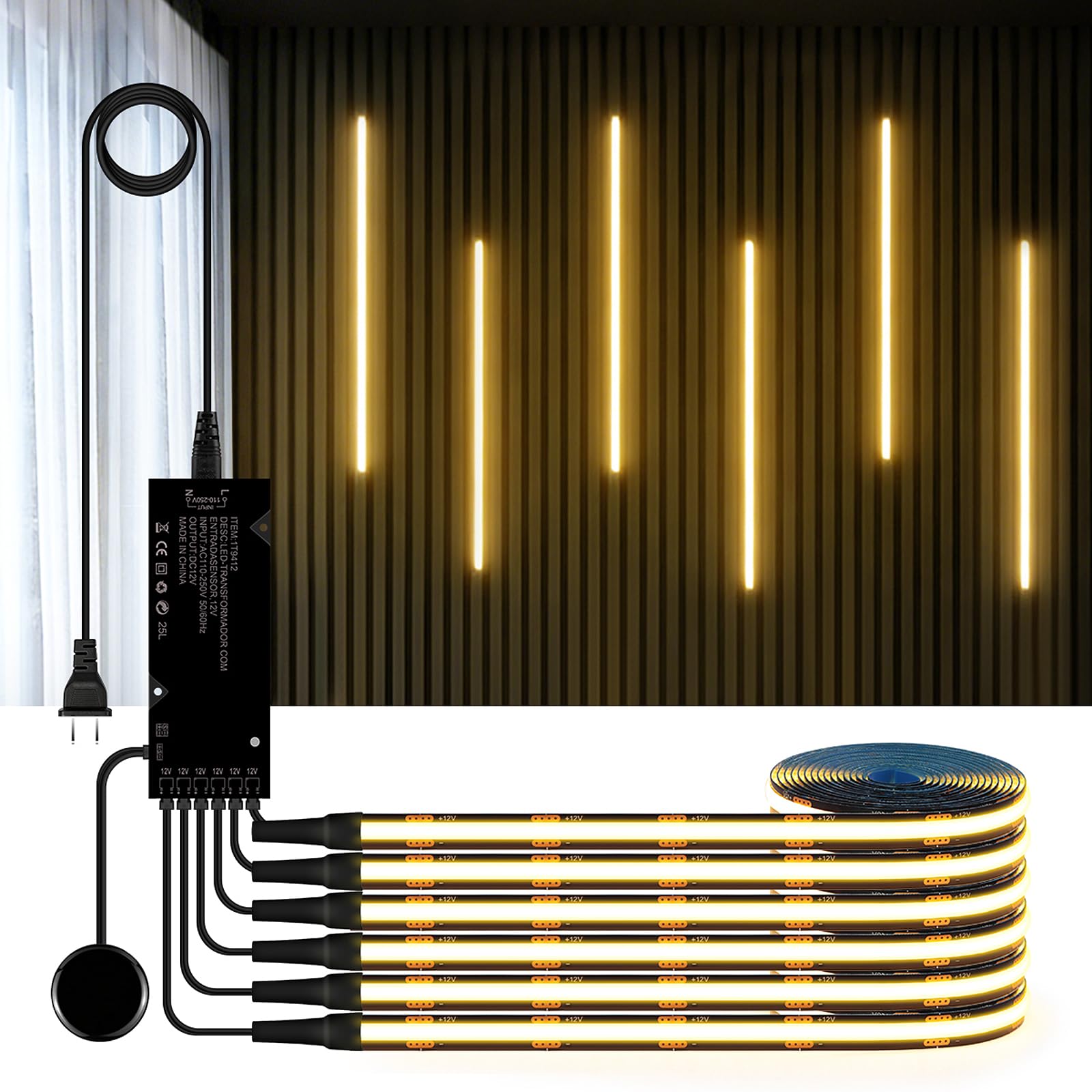 Photo 1 of AIMENGTE 12V COB LED Cabinet Lights Black Strip, 6 x 6.6ft Touch Dimmable 3000K Warm White Lighting for Parallel Wood Slat Wall Panels, Display Cabinets, Wardrobes, Showcases, Shelves