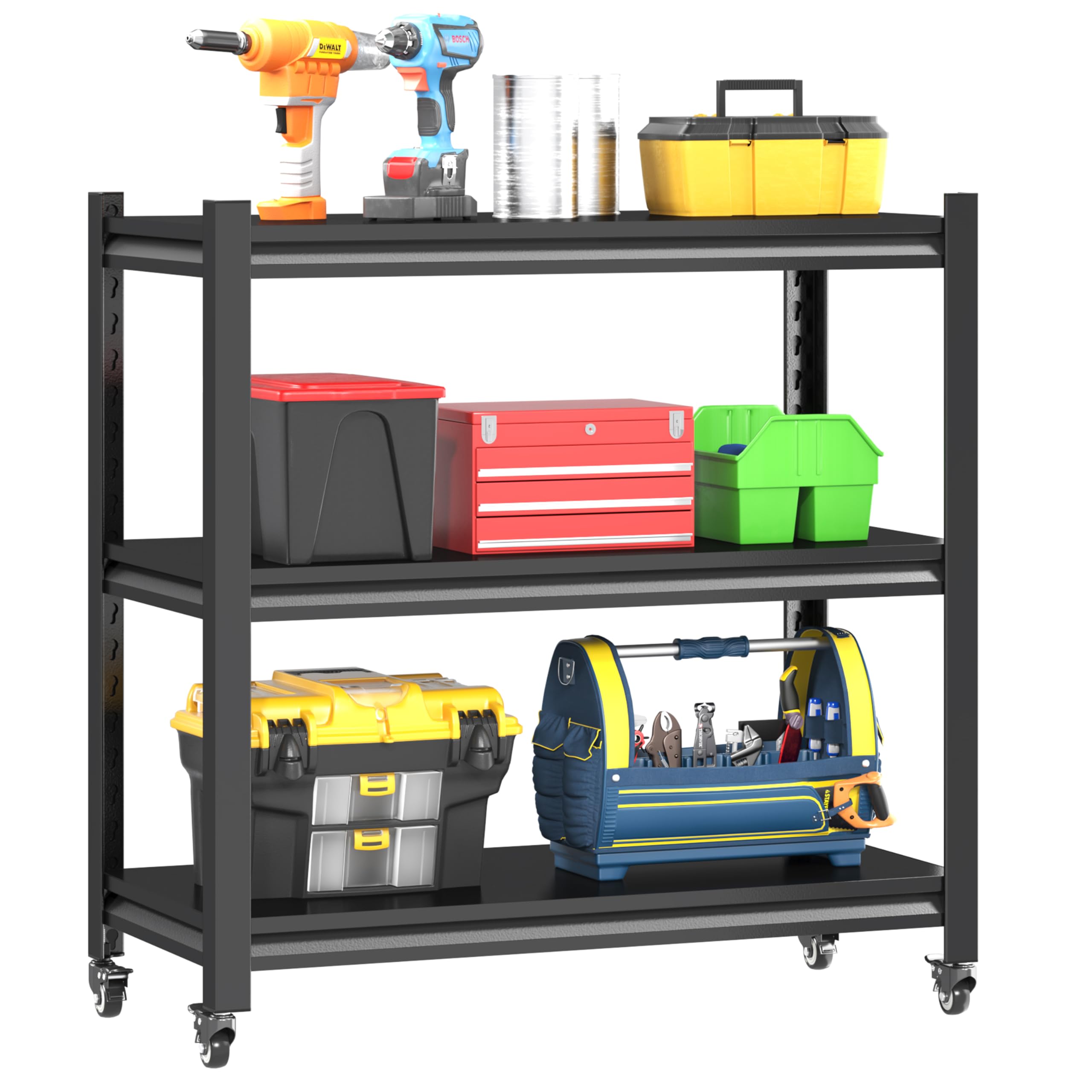 Kooyon Standing Storage Racks,3 Tier Garage Shelving Heavy Duty Adjustable Garage Shelves,Large Modular Shelving Unit Storage Organizer for Kitchen/Bathroom/Pantry/Office-Assembly Required(Black)